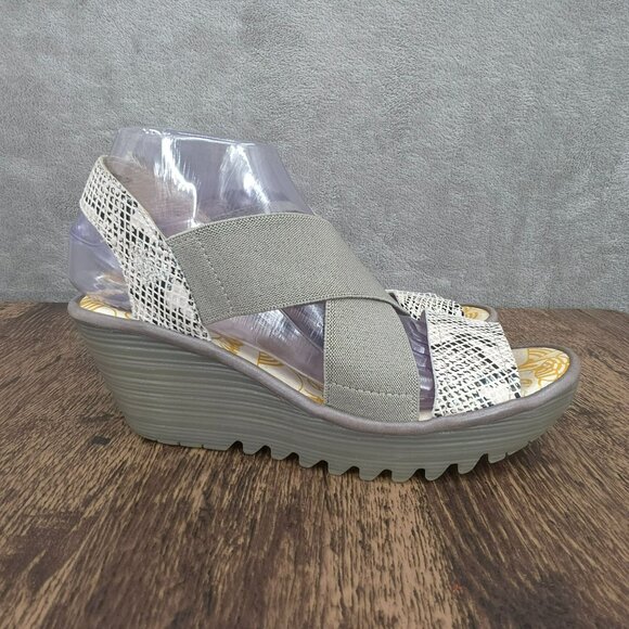 Fly London Yaji Wedges Sandals 38 7 Grey Cream Snakeskin Cross Strappy Leather - Picture 7 of 14